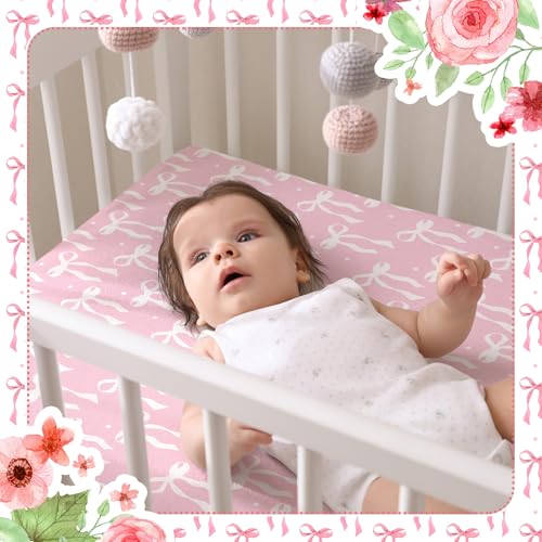 Image of Peryiter 2 Pack Pink Bow Crib Sheets for Girls Boys Coquette Bed Sheet Set Fitted 52'' x 28 inch for Standard Crib Mattress Stretchable Soft Toddler Aesthetic Nursery Decor