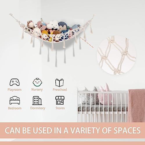 Toy Storage Hammock For Stuffed Animals, Boho Macrame Wall Hanging Mesh Net 104x140cm, Plush Toy Storage Net, Plush Animal Toy Organizer for Bedroom Playroom, Keep Baby Kids Room Nursery Tidy