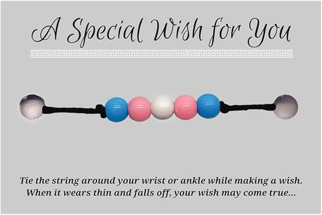 Trans Pride Colours Black Hemp Wish Bracelet with 6mm Acrylic Beads Charm on Printed Card - Adjustable - Unisex