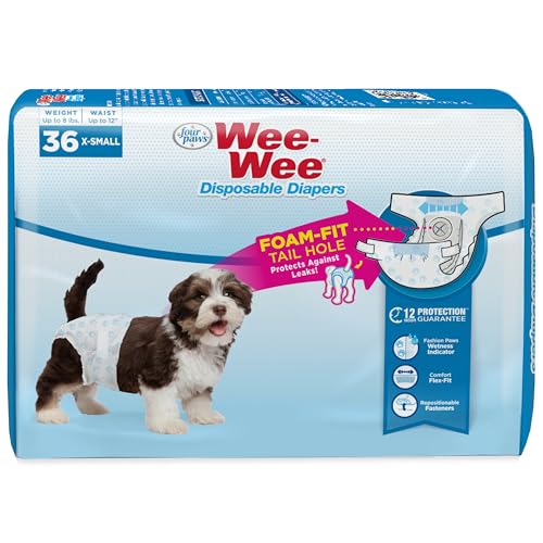 Image of Four Paws Wee-Wee Super Absorbent Disposable Adjustable Dog Potty Training Diapers, Leak-Proof Protection for Dogs, Size Extra Small, Up to 8 inch Waist, 36 Count
