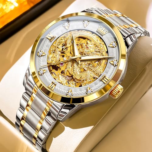 Image of OLEVS Dragon Skeleton Mens Automatic Watch 42MM Large Dial Gold Luxury Self-Winding Diamond Waterproof Stainless Steel Business Tourbillon Mechanical Watches