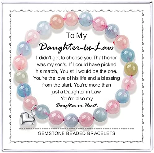 AmpleLove Daughter in Law Gifts Natural Morganite Beads Bracelet with Sterling Silver Heart Charm - Perfect Wedding or Birthday Gift for Daughter in Law