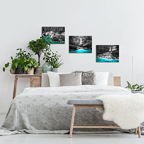 Tiuauit Black And White Waterfall Canvas Wall Art Set Of 3 Pieces Teal Landscape Modern Wall Decor Nature Scince Framed Picture For Bathroom Bedroom Kitchen Decoration Ready To Hang 12"X16"X3Pcs #TOP2