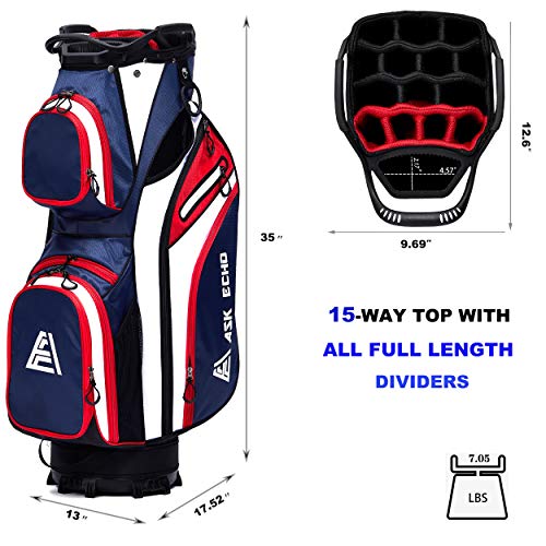 ASK ECHO Premium Golf Cart Bag with 14 Way Full Length Dividers Plus External Putter Tube, 13 Pockets, 15 Way Top, with Rain Cover, Navy Blue