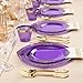 Bestluck 350PCS Clear Purple Plastic Plates for 50 Guests, Disposable Plates with Gold Trim include 50 Dinner Plates, 50 Dessert Plates, 150 Gold Silverware, 50 Cups, 50 Napkins for Party, Wedding