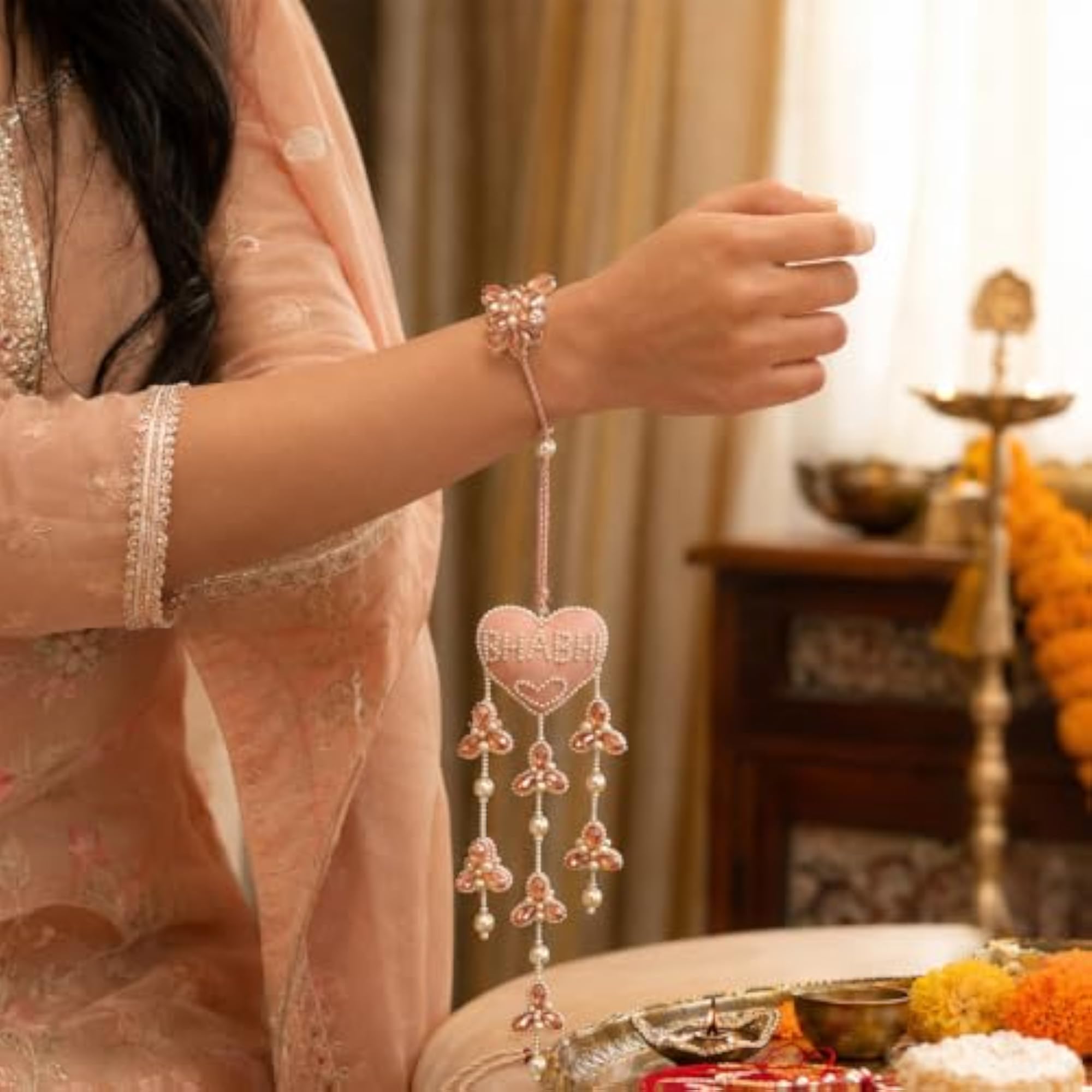 Handmade Beaded Rakhi with Pearl and Stone Work, Unique Gift