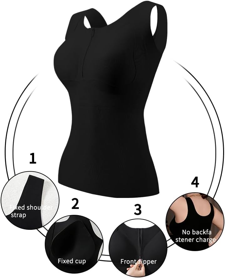 Front Closure Women's U-Neck Shapewear, Built-in Bra Tank Top, High Stretch Sleeveless Slim Fit Vest, Workout Cami Top