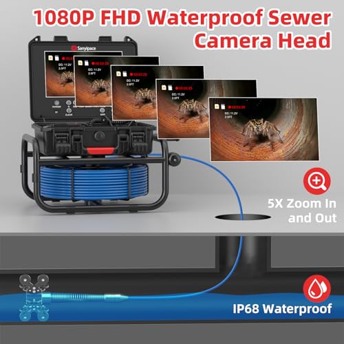 Image of Sanyipace Drain Camera 512Hz, Self-Leveling Sewer Camera with Distance Counter, 5X Zoom, 4500mAh Battery, Waterproof Pipe Camera for Plumbing Duct Home Inspection, 66FT /20M Cable, Included 16GB Card