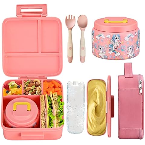 JXXM Bento Lunch Box for Kids With 8oz Soup Thermo,Leak-proof Lunch Containers with 5 Compartment,Thermos Food Jar and Lunch Bag, Food Containers for School (A-Pink(Fantasy Unicorn)) Cover