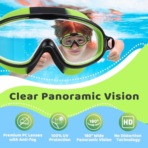 image for Vvinca Kids-Swim-Goggles with Bungee Strap Wide View Anti Fog UV No Le