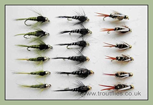 Gold Head Trout Flies, 18 Pack GH Nymph, Prince, Black & Silver, Olives, 10/12