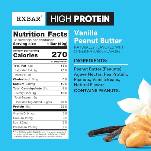Image of RXBAR High Protein Bars, 18g Protein, Gluten Free, Protein Snacks, Vanilla Peanut Butter, 25.3oz Box (12 Bars)