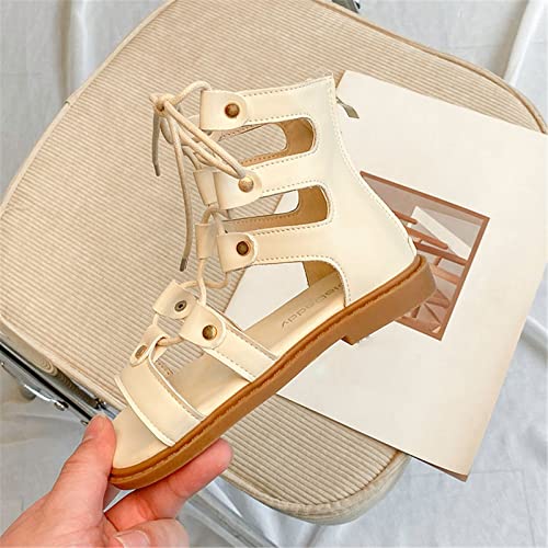 Toddler Girls Lace-up Sandals Back Zipper Open Toe Sandals Summer Strappy Sandals Casual Shoes (Beige, 10.5 Little Child)4