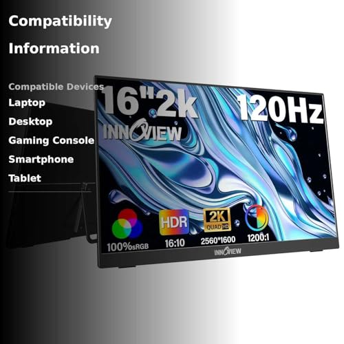 undefined InnoView 16" 2.5K 120Hz Portable Monitor Built-in Speakers and Kickstand & VESA 100% sRGB QHD 400 Nits | 2 Type-C & HDMI | Eye Care | Travel Monitor for Laptop/Switch/PS5/Xbox (Adapter Excluded) の商品画像 2