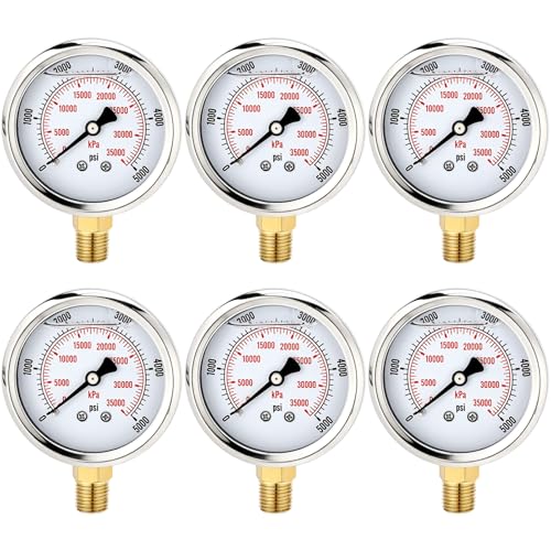 0-5000 Psi 6 Pcs Glycerin Liquid Filled Oil Pressure Gauge, White