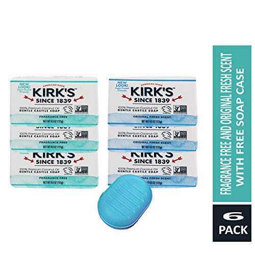Kirk's Original Coco Castile Soap Variety Pack of 6 (Fragrance Free & Original Fresh Scent) with free Soap Case