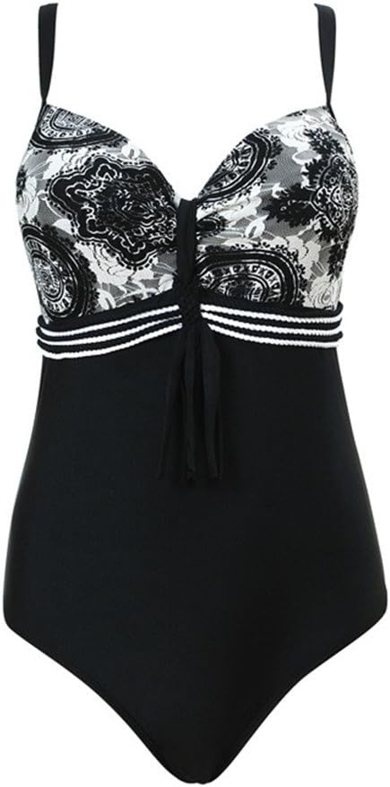 Bechic Women's Vintage One Piece Swimsuits Tummy Control Plus Size Swimwear-Black(US 8-10)