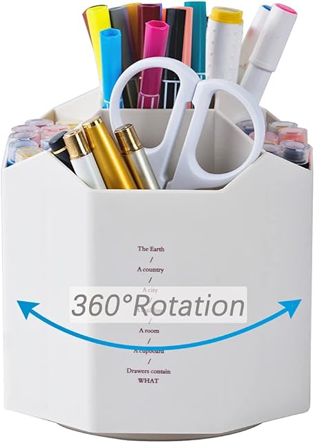 YOSCO 360° Rotating Supply Organiser Desktop Storage Organizer Office Supplies for Pen Holder for Desk Tidy Pencil Cup Pot Pen Holder with 5 Compartments (White)