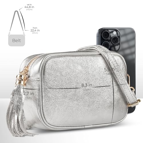Image of Italian Genuine Metallic Suede Crossbody Bag for Women with Zipper | Small Leather Camera Purse Shoulder Handbag Pocketbook
