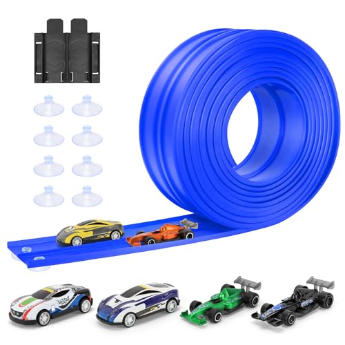 Piste de Voiture 5M Inclut 4 Voitures: KETIEE Piste de Course Flexible pour Voiture Jouet de Piste de Course Portable pour sauts Boucles pour Voiture 1/64ème pour Les âges 3+, Bleu