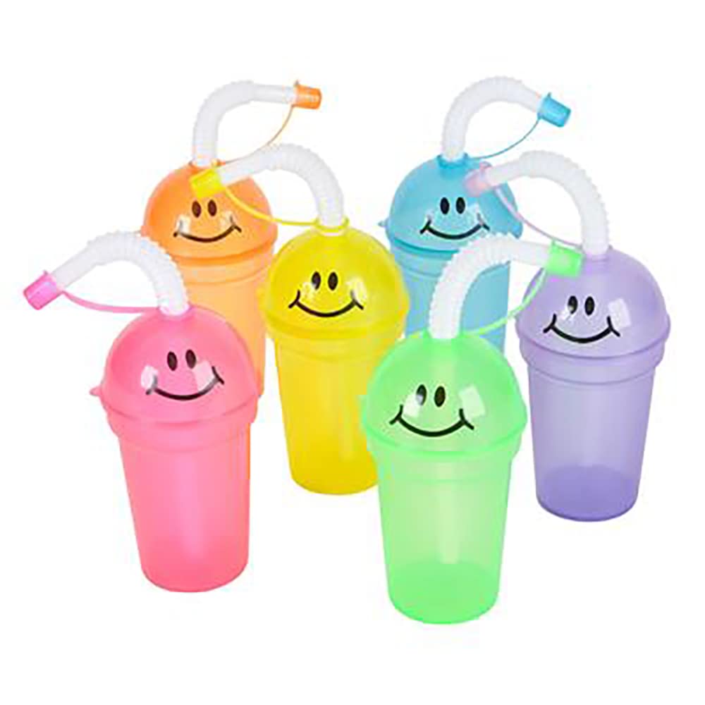 The Dreidel Company Happy Face Sipper Cups, Colorful Plastic Straw Cups with Lid and Straw, Party Favor 6.25