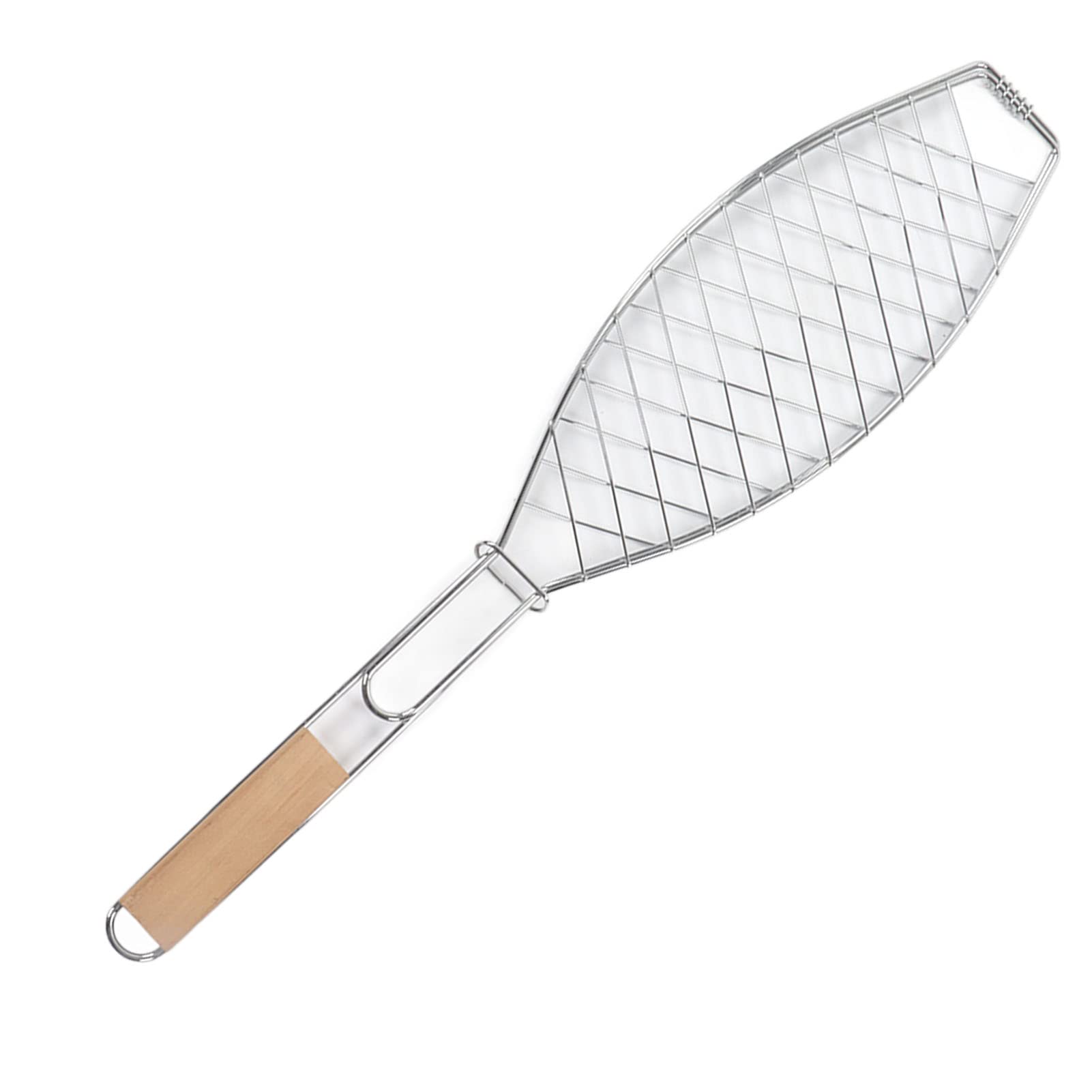 Griglia per pesce in acciaio inox, design compatto, per barbecue all'aperto, con manico, in legno di faggio, 1 unità