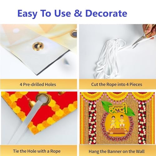 Image of DARSHANAM WORLD Wedding Decorative Cloth for Haldi & Mehndi Ceremony, Photoshoot, Haldi Background Enhancer for Mehndi Ceremony (8x5 ft, 3D Printed Backdrop with Floral & Logo Design) (Multicolor)