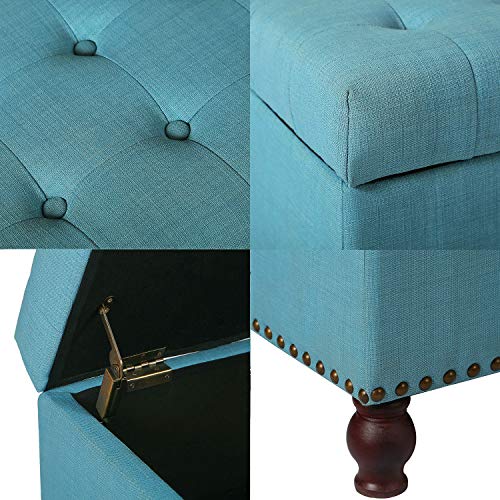 Asense Fabric Rectangle Tufted Lift Top Storage Ottoman Bench, Footstool with Solid Wood Legs, Nail-Head Trim