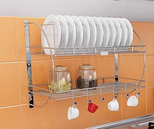 VishAl smart MAll Stainless Steel Wall Mounted 2 Tier Multipurpose Kitchen Dish Drainer Rack Crockery Cup Cutlery Plate (Dish Rack), Lxbxh- 53x15x13 cm