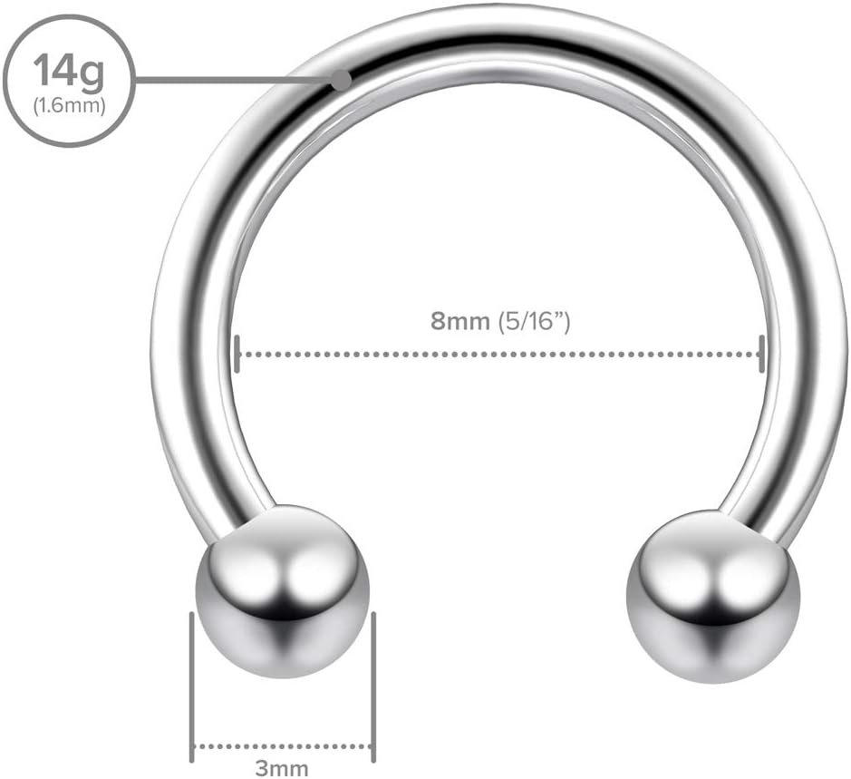 2pc 14g Surgical Stainless Steel Horseshoe Hoop 3mm Ball Circular Barbells Earrings Cartilage Helix Septum Nose Lip Rings - Select Diamter