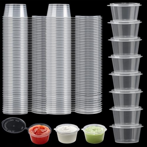 YAOSHENGUP Aufbewahrungsdosen mit Deckel Klein, 100 Stück 50ml/2oz Saucenbecher mit Deckel Kunststoffbehälter Saucenbecher Frischhaltedosen Auslaufsichere Saucenbecher für Saucen Mayonnaise Ketchup