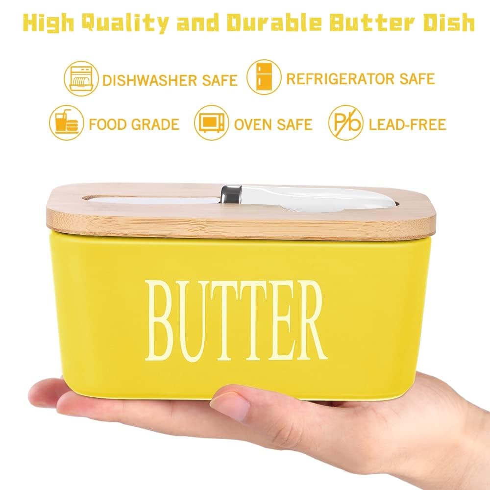 Porcelain Butter Dish, European Size Ceramic Butter Container with Wooden Lid, Butter Container with High Quality Silicone Seal, Perfect for Butter, Nuts, Cheese, 650ml (Yellow) - Image 2