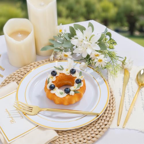 PULOTE 100PCS Gold Plastic Plates - 10 Inch White with Gold Trim Plastic Dinner Plates Disposable for Dinenr, Party, Wedding & Thanksgiving — view 4