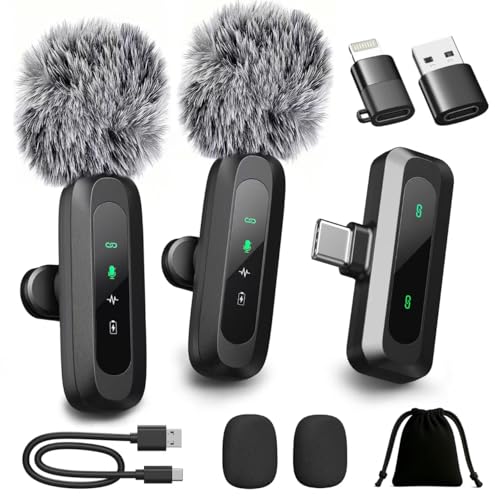 Upgraded 2 Pack Mini Clip on Microphone With LED Display, Wireless Lavalier Microphone for iPhone, HD Noise Cancelling, Portable Lapel Mic for Recording Video Podcast Vlogg Content Creator interview