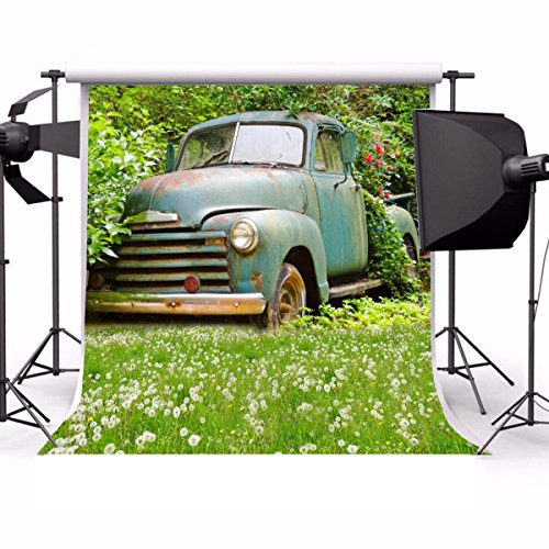 Vinyl-Fotohintergrund, Vintage, LKW, Blume, Übertopf, Outdoor, Frühling, blühend, weiße Blumen, Landschaft, Hintergrund, rustikal, Landschaft,