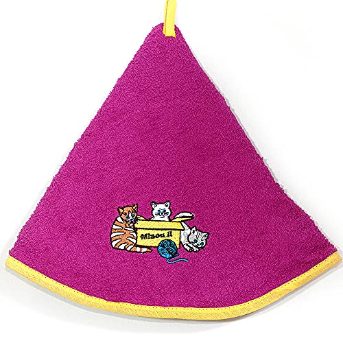 Villages de Provence - Torchon Essuie Mains Chat - Rond avec Attache - Fushia - Motifs Brodés - 100% Coton - Ø 65 cm de diamètre - Cuisine ou Salle de Bain...