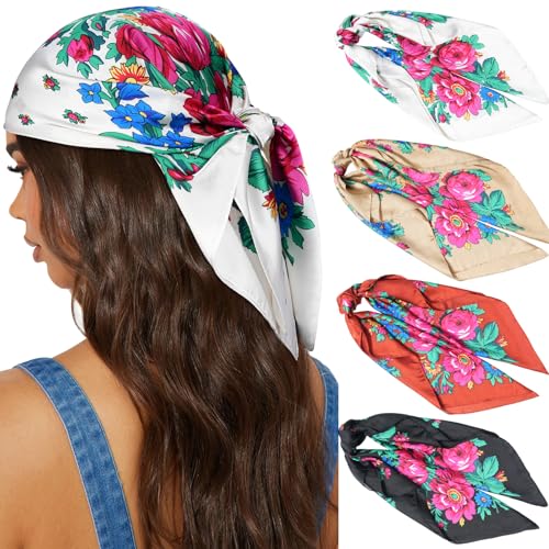 AWAYTR 27.5” Silk Satin Square Head Scarf - 4PCS Satin Head Scarves for Women Hair Kerchief Bandanas Sleeping Head Wraps (Flower(White/Gold/Brick red/Black)) - Main Image