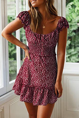 Image of Valphsio Womens Smocked Dress Ruffle Floral Tie Front Boho Short Dresses
