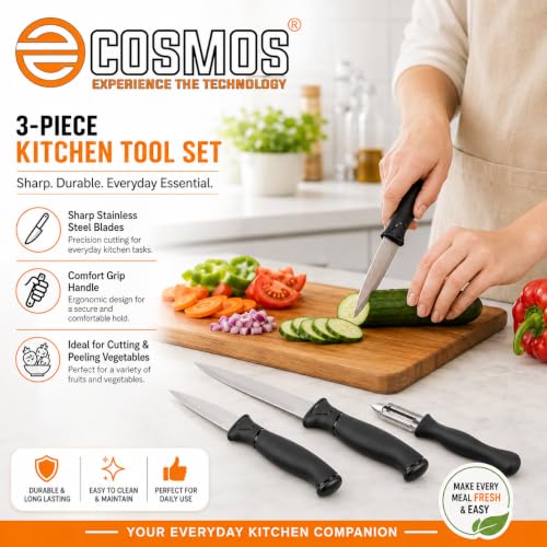 Image of E-COSMOS 3-Piece Kitchen Knife Set, Black Handles | Vegetable Peeler, Stainless Steel and Paring Knives, for Fruit, Vegetables, and Meat (Jet Black)
