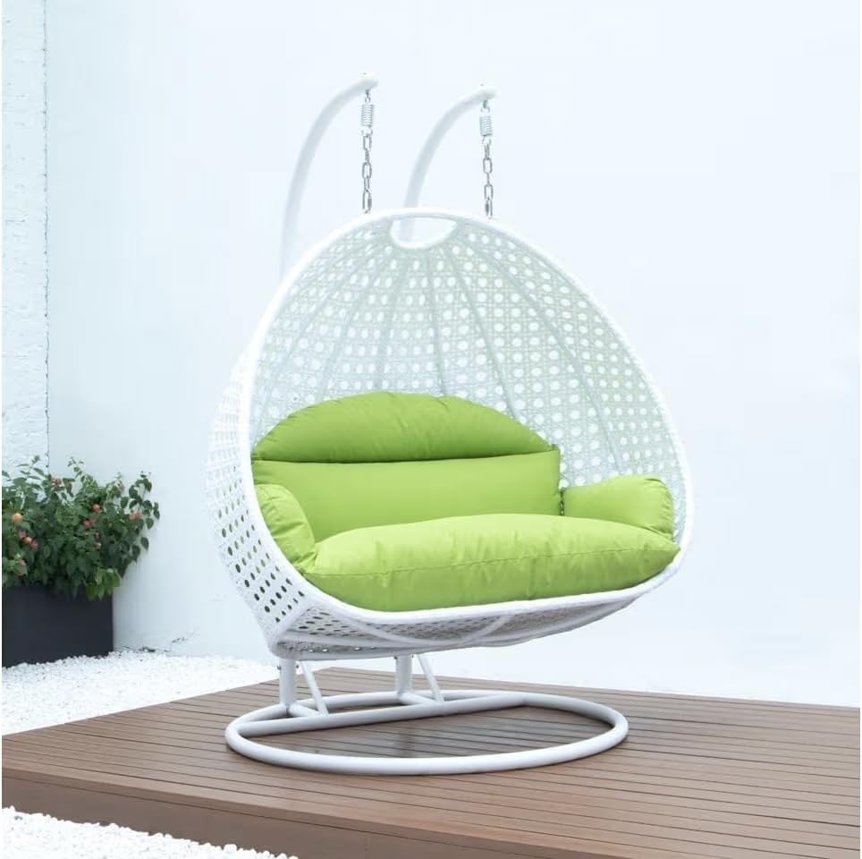 Image of Double Seater Hammock Swing Chair with Stand & Cushion | Heavy Duty Powder Coated Steel Frame | Outdoor Indoor Hanging Swing for Patio Balcony Garden Terrace Living Room (White-Light.Green)