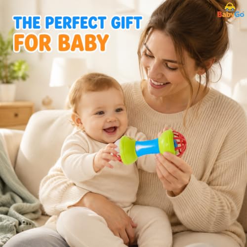 Image of BabyGo Dumbell Rattle for Baby | Non-Toxic Plastic Handheld Infant Bell Rattle | Toy for Kids 6-12 Months | New Born Baby Essential | Multicolor, Pack of 2