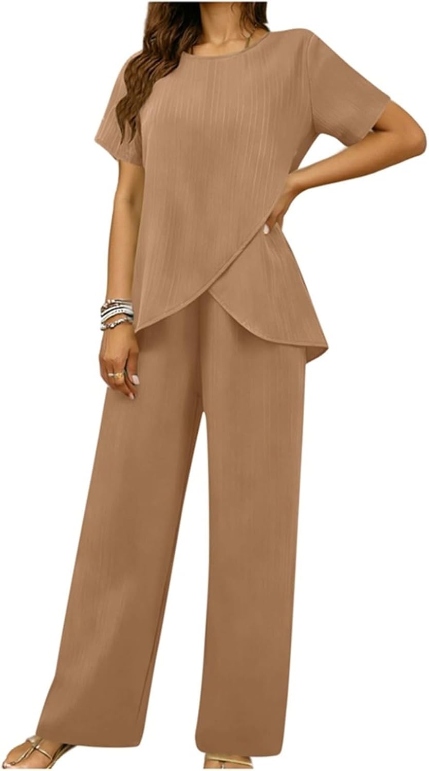 Womens 2 Piece Outfits Crew Neck Short Sleeve Tops Irregular Hem with Wide Leg Pants Casual Loose Matching Sets