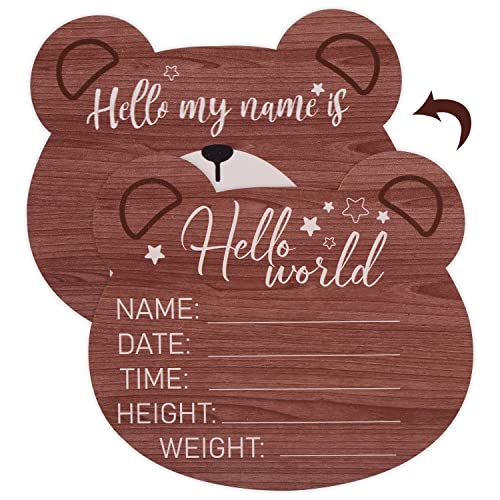 Image of Wooden Baby Announcement Plaque, 5.9 Inch Bear Shape New Baby Sign Welcome Sign Hello World Newborn Sign for Hospital Nursery Photo Prop