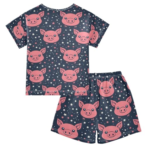ALAZA Funny Star Pig Blue Pajamas Set Short Sleeve Cotton Sleepwear Summer Pjs 2 Piece 5-14Y2