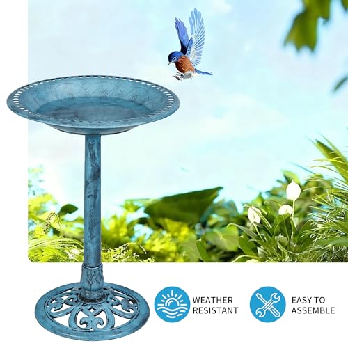 VECELO 28" Pedestal Outdoor Bird Bath for Outside, Vintage Bronze Polyresin Lightweight Antique, Yard/Garden Decoration, Blue by VECELO - Image 3