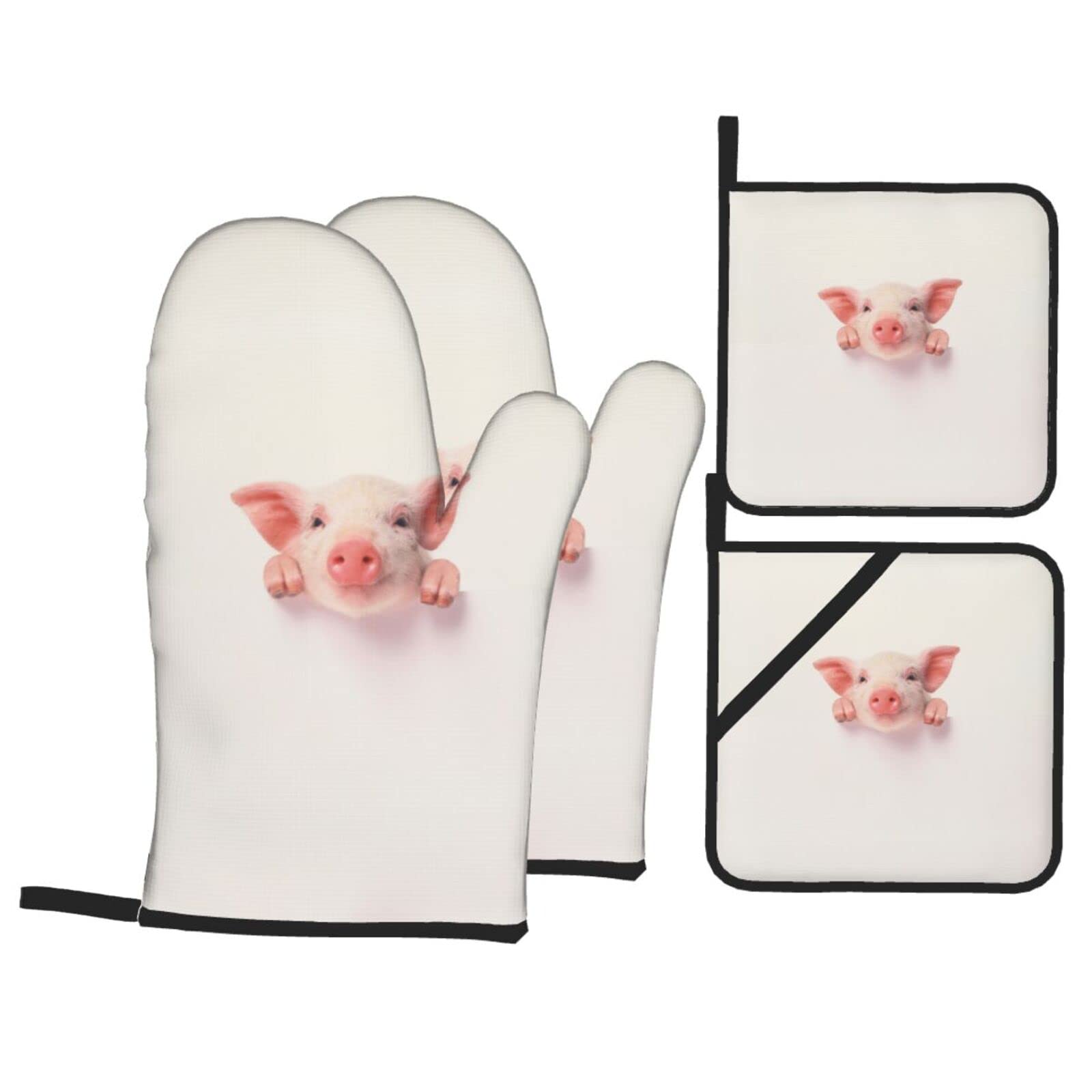 Cute Pig Oven Mitt and Pot Holder 4-Piece Set for Kitchen, Outdoor Grill, Baking