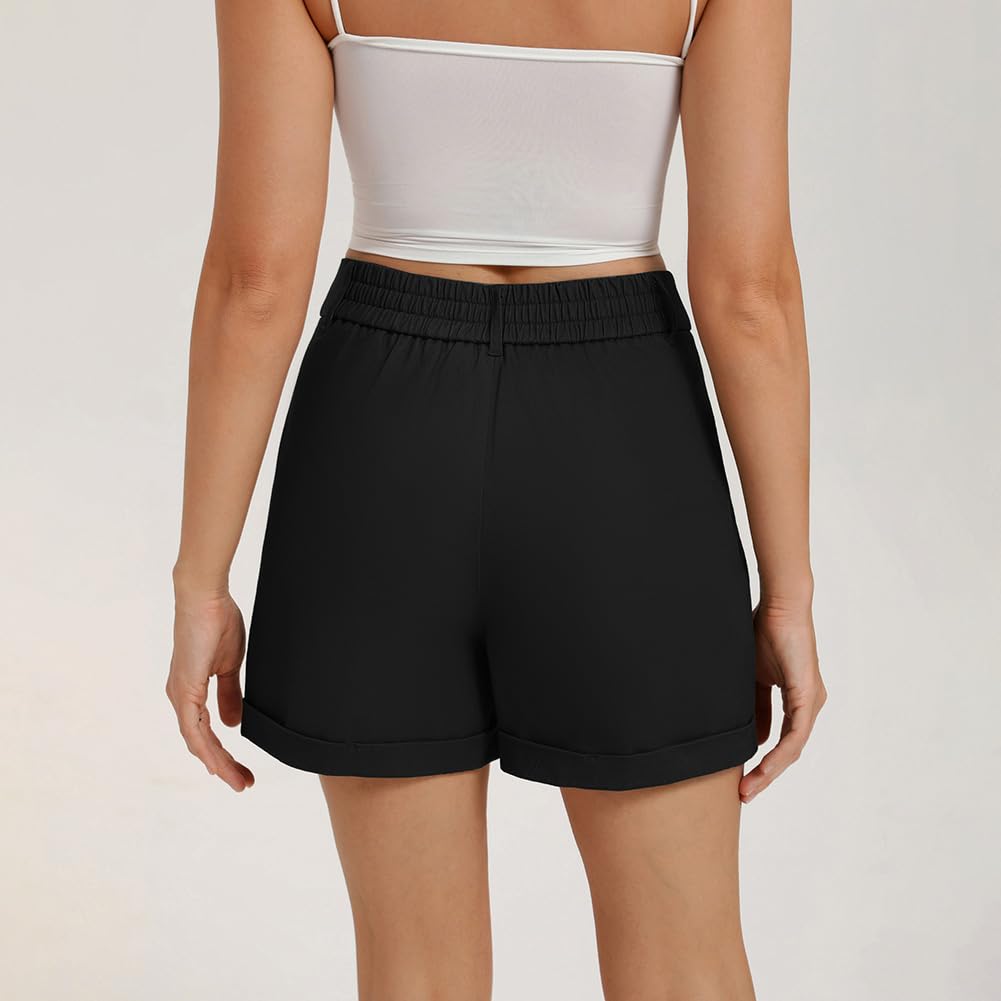 Belle Poque Pantaloncini da donna in cotone estivi a vita alta gamba dritta casual elastico in vita chino pantaloncini con tasche