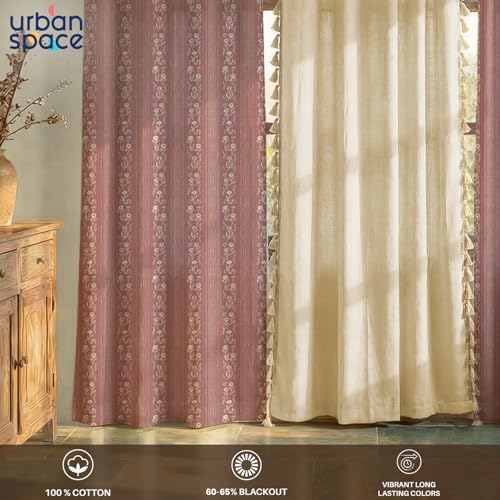Image of Urban Space Printed 100% Cotton Curtains for Door, Combo Set of 3 Curtains 7 Feet Long, Tieback & Eyelets Included with Curtains for Home Decor (Garden Trail Muddy Pink & Aura Beige, 7 Feet)