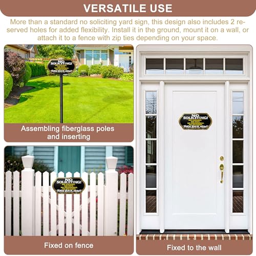 Image of Aggressive Funny No Soliciting Sign for House, 10 x 5 In Aluminum UV Printed Weatherproof Absolutely No soliciting Metal Sign with Adjustable 24 inch /37 inch Stake, Outdoor Yard Sign for Home and Front Door