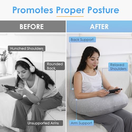 Image of QUEEN ROSE Reading Pillow for Gaming, Lap Desk Pillow for Sitting in Bed or Sofa, Compact Arm Support Pillow for Reading, Playing or Crocheting, Cooling Grey